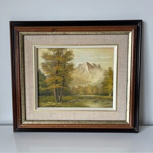 Vintage Mid Century Oil Painting-Mountain Lake Landscape Wood Frame